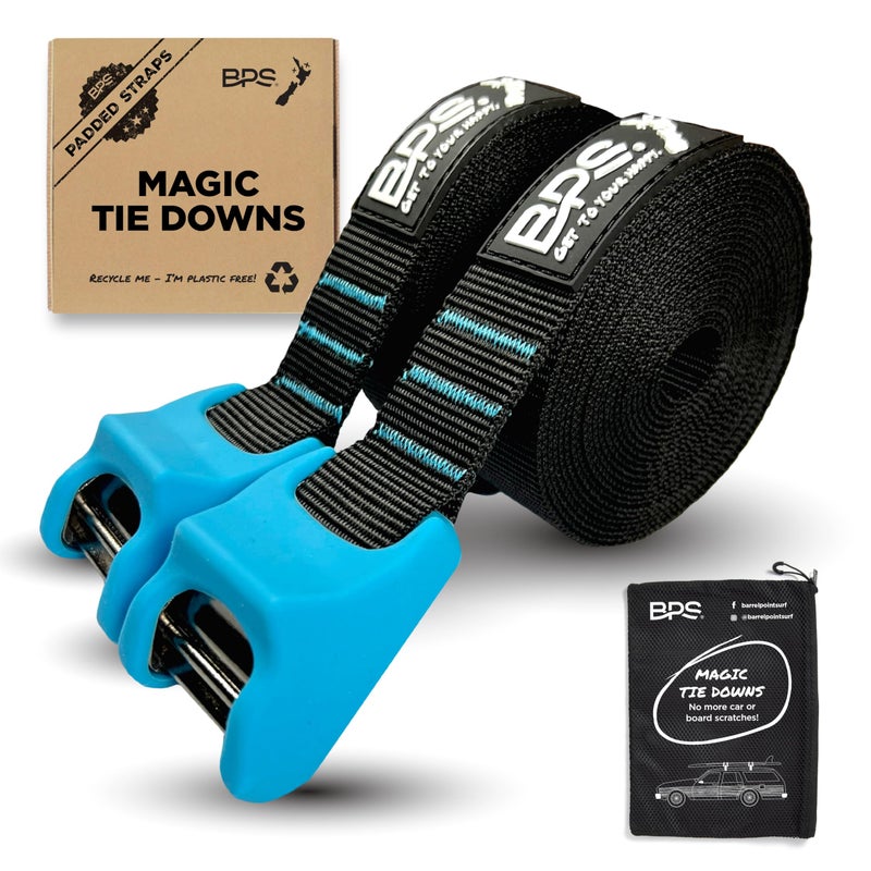 BPS â€˜Magicâ€™ Tie Down Straps for Roof Rack - â€˜No Scratchâ€™ 15 feet Tie Downs 2-Pack Surfboard Straps Silicone Buckle Cover with Storage Bag Made from Recycled Plastics â€“ SUP Kayak Canoe Paddle Board - Image 1